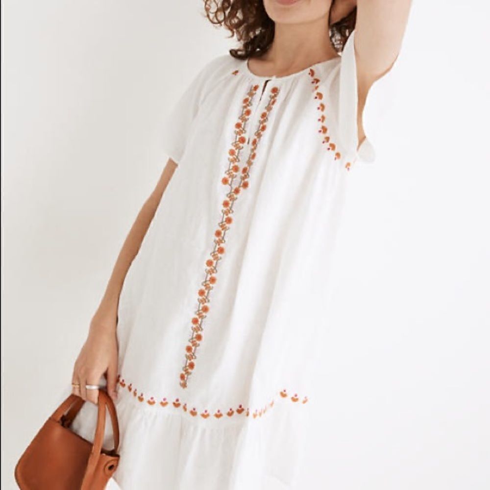 Madewell Embroidered Linen-Blend Raglan Ruffle Mini Dress